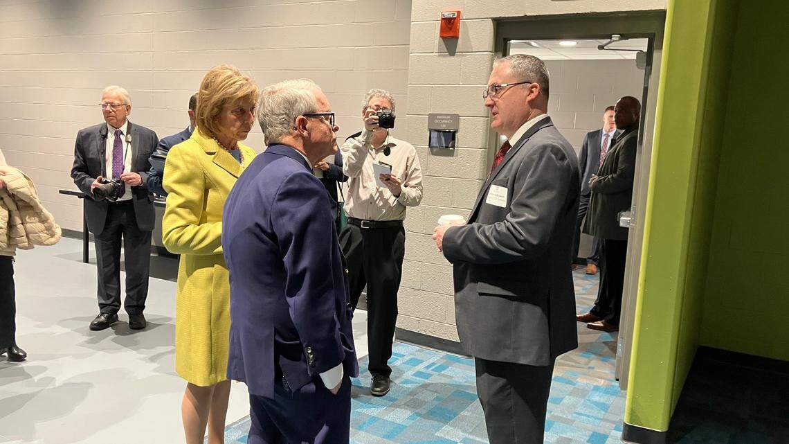 Ohio Gov. Mike DeWine and Ohio First Lady Fran DeWine talk with Campbell City School District Superintendent Matt Bowen on Friday