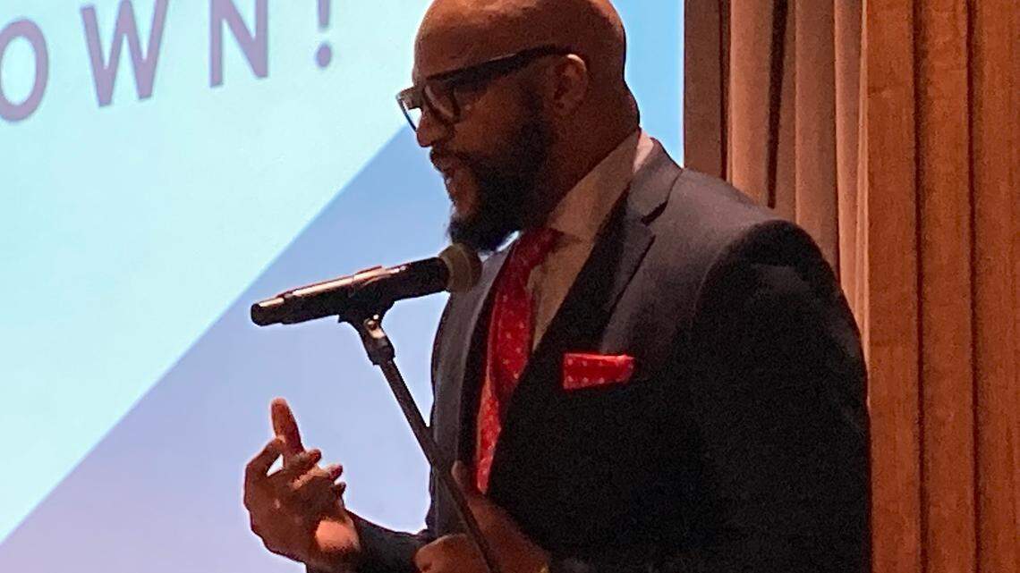 Youngstown City School District Superintendent Justin M. Jennings speaks during the Good Morning Youngstown! event Thursday morning at Stambaugh Hall.