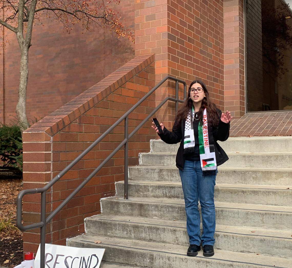Tala Alsharif, president of Students for Justice in Palestine at YSU, spoke against choosing Ohio Rep. Bill Johnson as the next president of the university.