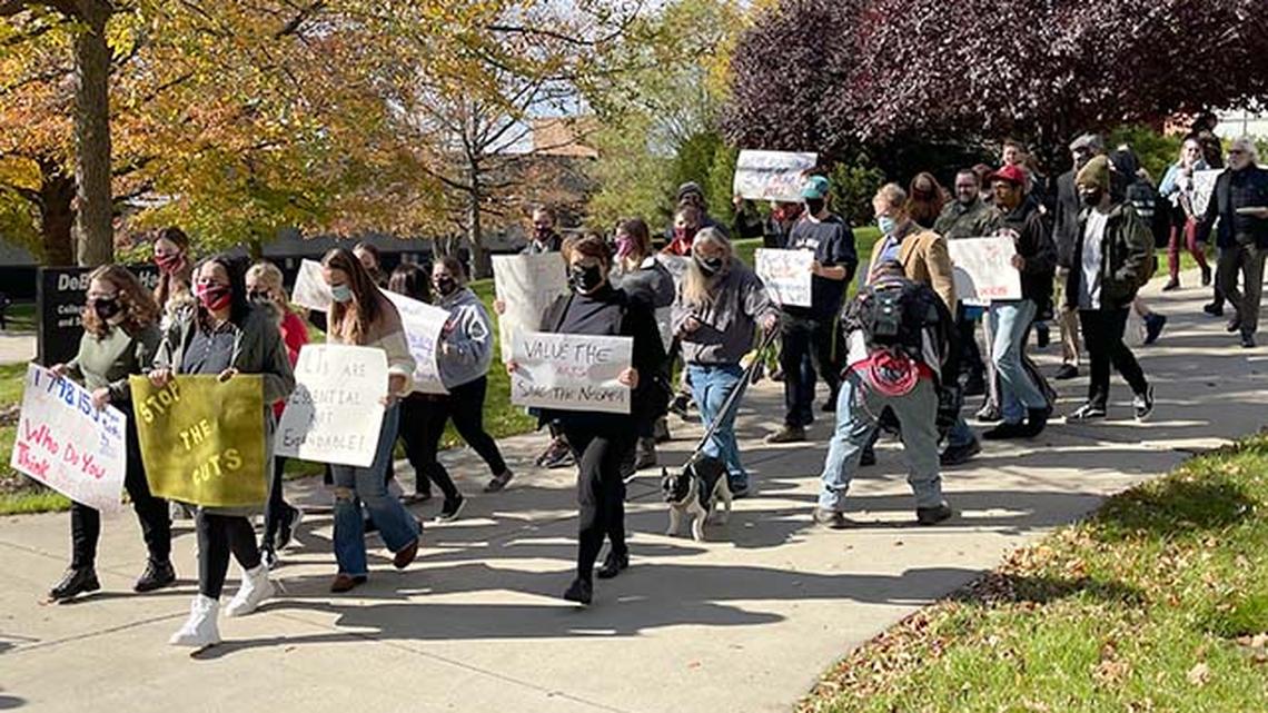 Youngstown State University students and faculty whose academic programs are facing future cuts rallied Tuesday, Nov. 2, 2021, outside of DeBartolo and Tod halls on the YSU campus, chanting "Stop the Cuts."