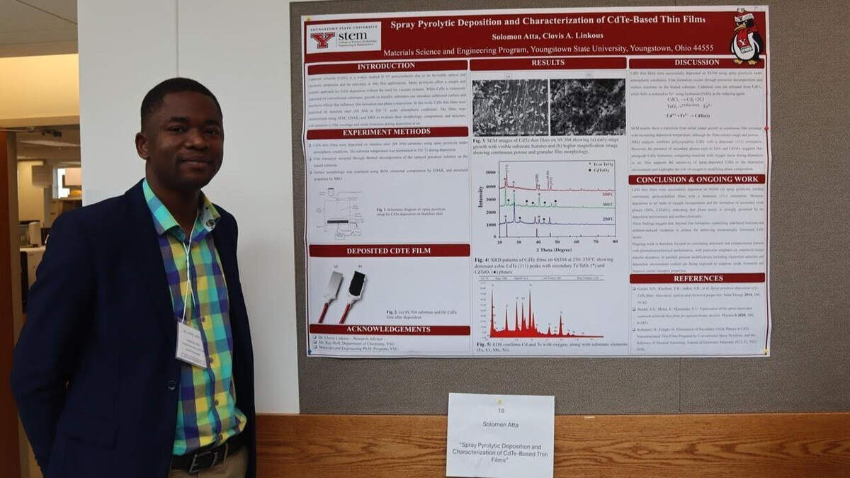 YSU doctoral student Solomon Atta advances CdTe thin-film solar research and wins third place at a regional microscopy and spectroscopy conference in Northeast Ohio.