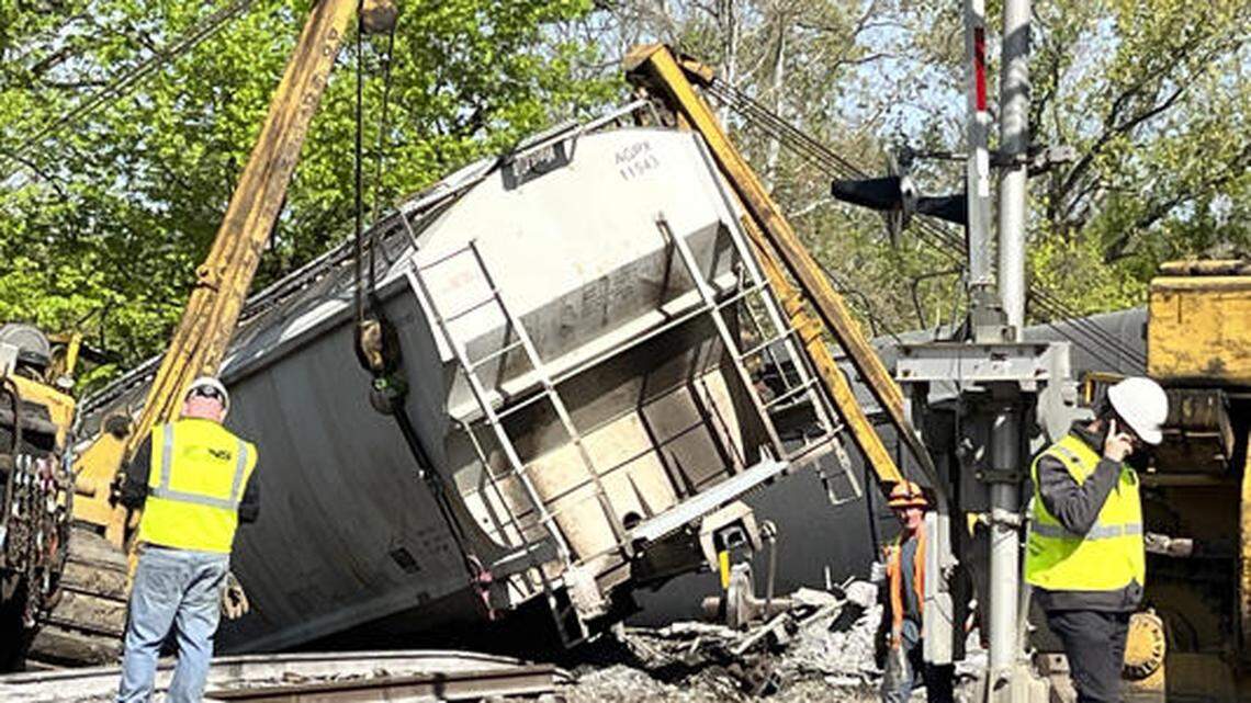 Recovery work is shown at the scene of a train derailment outside New Castle, Pa., on Thursday, May 11, 2023. Officials say nine railcars from a Norfolk Southern freight train derailed in Pennsylvania, with no hazardous chemicals on board and no reported injuries