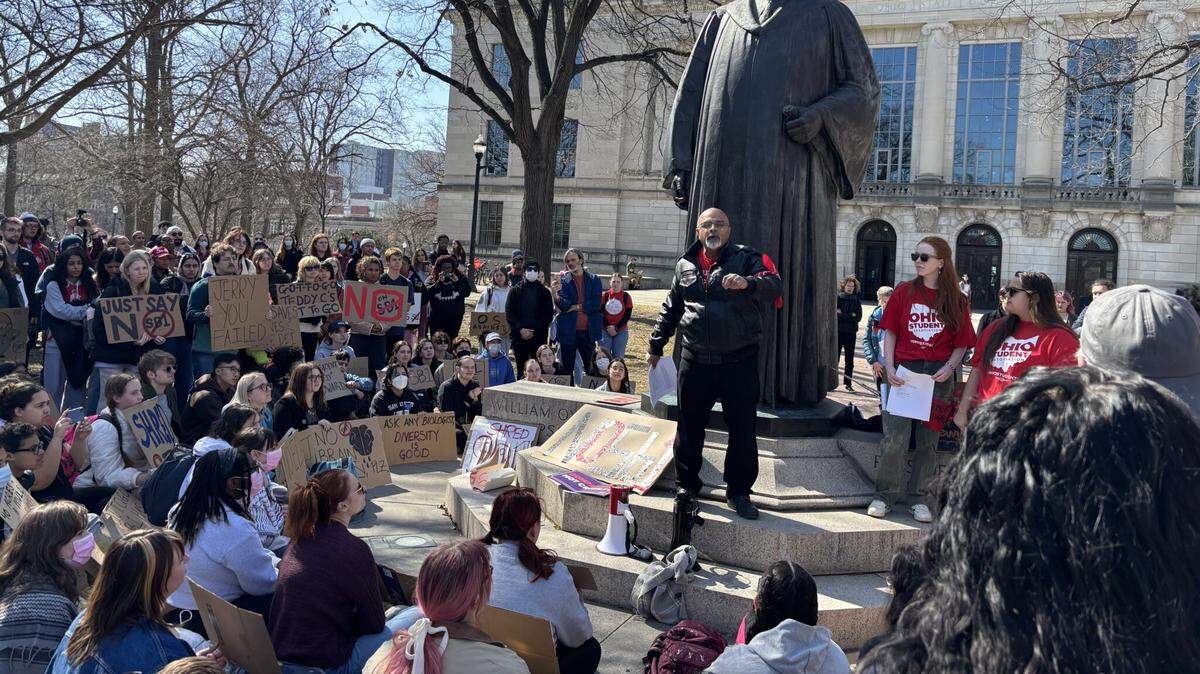 Pranav Jani, president of the Ohio State chapter of AAUP, speaks out against Senate Bill 1 during a protest at Ohio State on March 4, 2025.