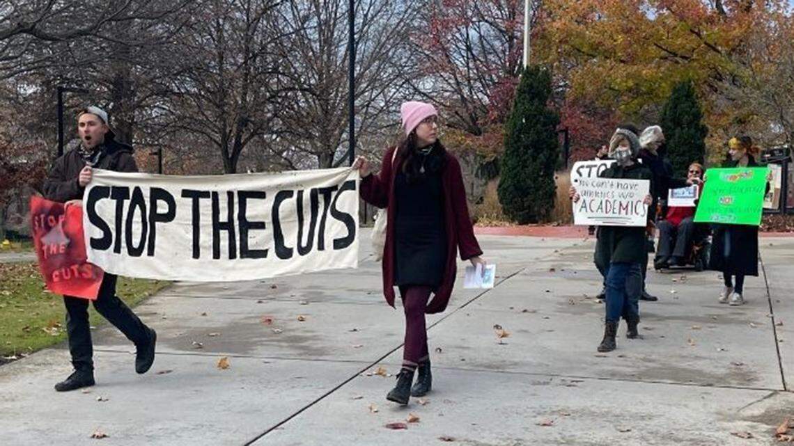 Youngstown State University students, faculty and supporters demonstrated in response to academic cuts at the university on Dec. 2, 2021.