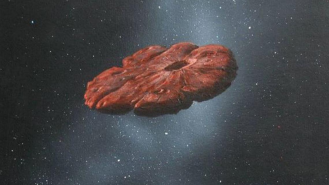 An artist rendering of a mysterious interstellar object that resembled the Millennium Falcon from “Star Wars.” The object hurtled past Earth at 196,000 miles per hour. (Image by William Hartmann)