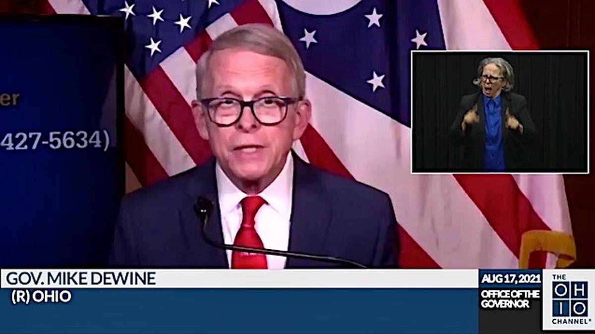 Gov. Mike DeWine during the state's coronavirus update on Tuesday, Aug. 17, 2021.