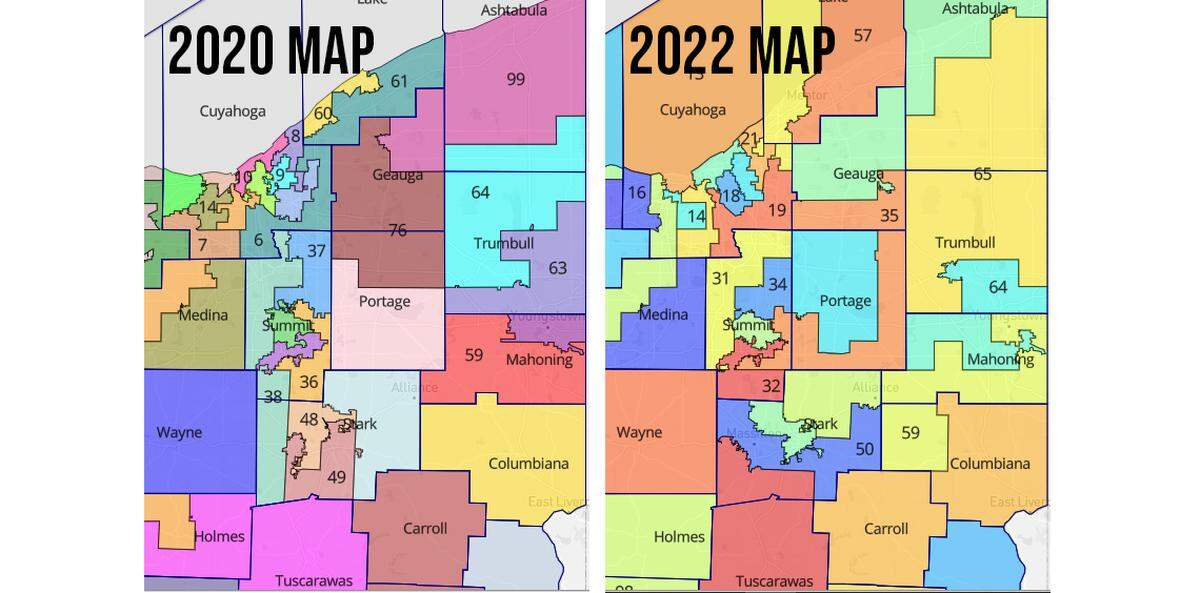 Shown here are Ohio House district maps from 2020 (left) and 2022 (right), showing how those districts will be aligned for the state’s special election on Aug. 2, 2022, per a court order.