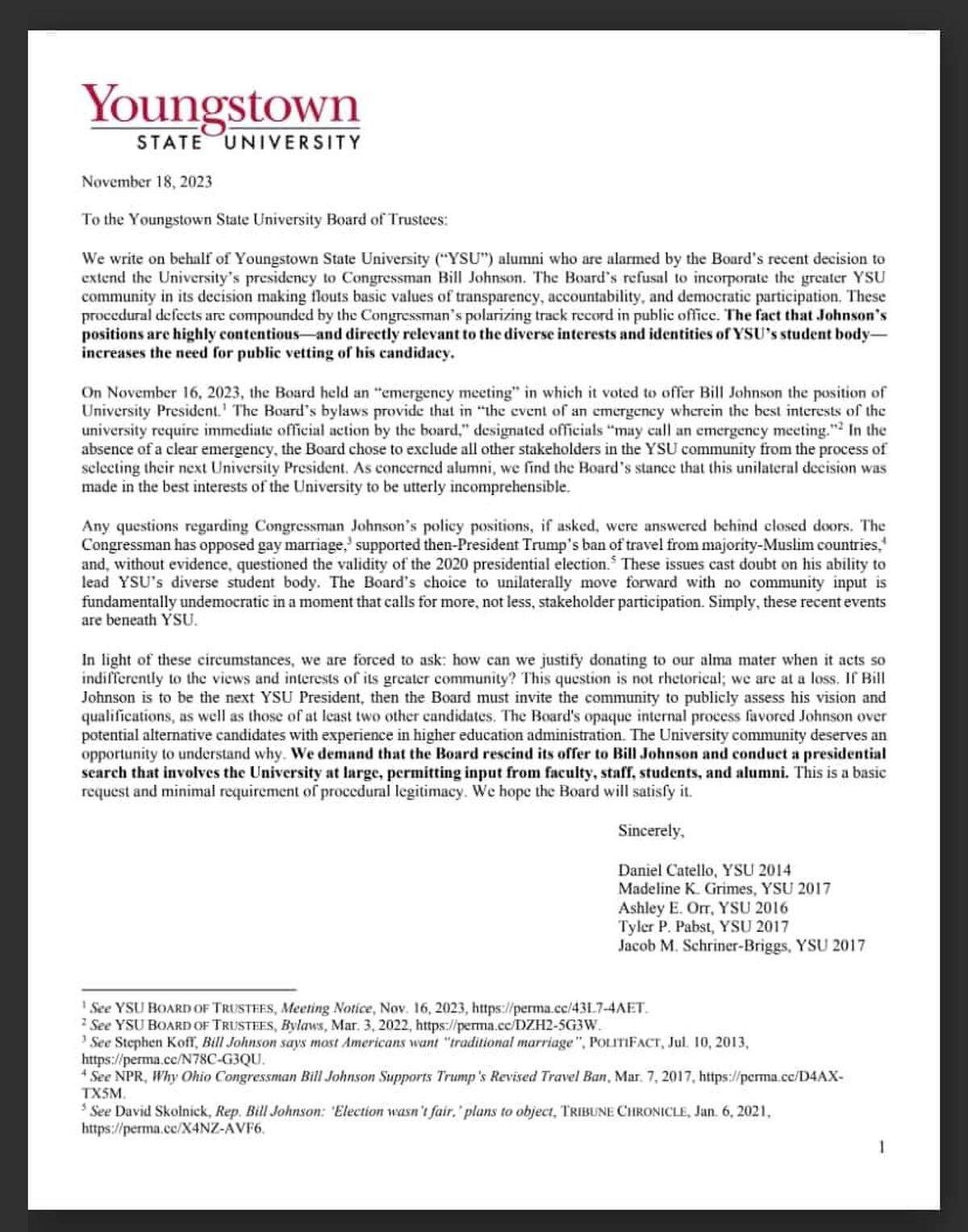 YSU Alumni letter