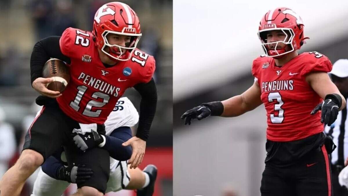 Youngstown State’s Beau Brungard and Michael Wells join Coach Doug Phillips at MVFC media day in Sioux Falls; watch free via Midco Sports Plus or web browser.