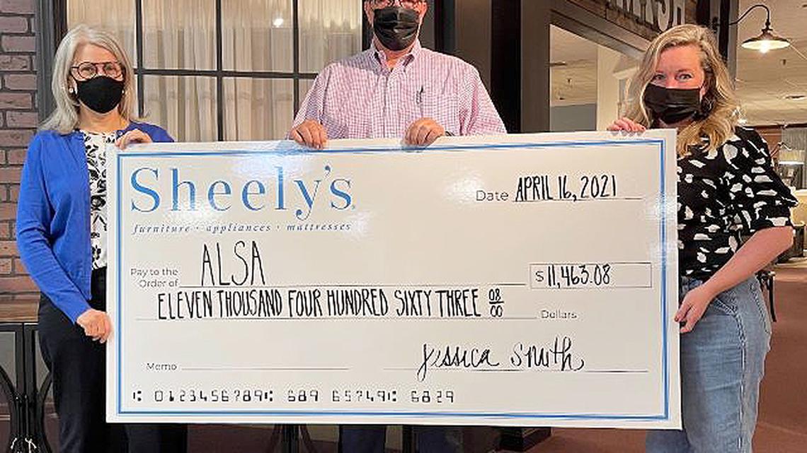 Sheely’s Furniture and Appliance recently presented the ALS Association Northern Ohio Chapter with a check for $11,463. From left are Lynn Iams, director of development for ALS Association Northern Ohio Chapter; Jeff Curry, general manager/owner of Sheely’s Furniture and Appliance; Jessica Smith, buyer/owner of Sheely’s. (Contributed photo)