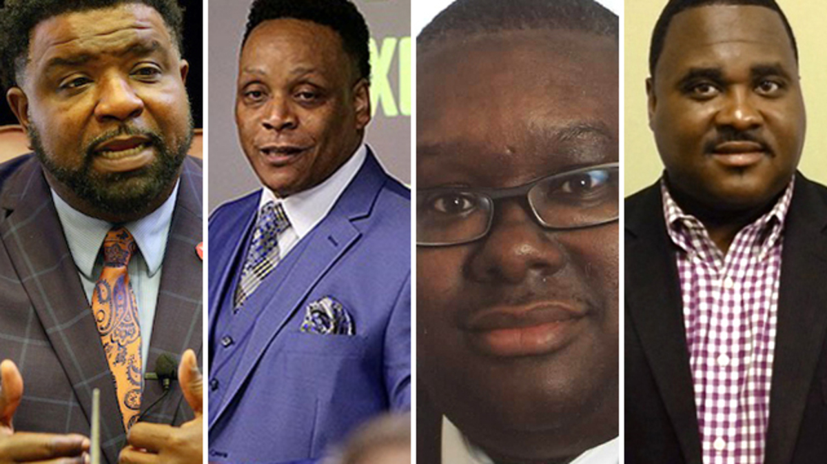 From left to right: Youngstown Mayor Jamael Tito Brown, Youngstown Police Chief Carl Davis, Rev. Lewis Macklin of Holy Trinity Missionary Baptist Church, and Guy Burney, executive director of Youngstown's Community Initiative to Reduce Violence