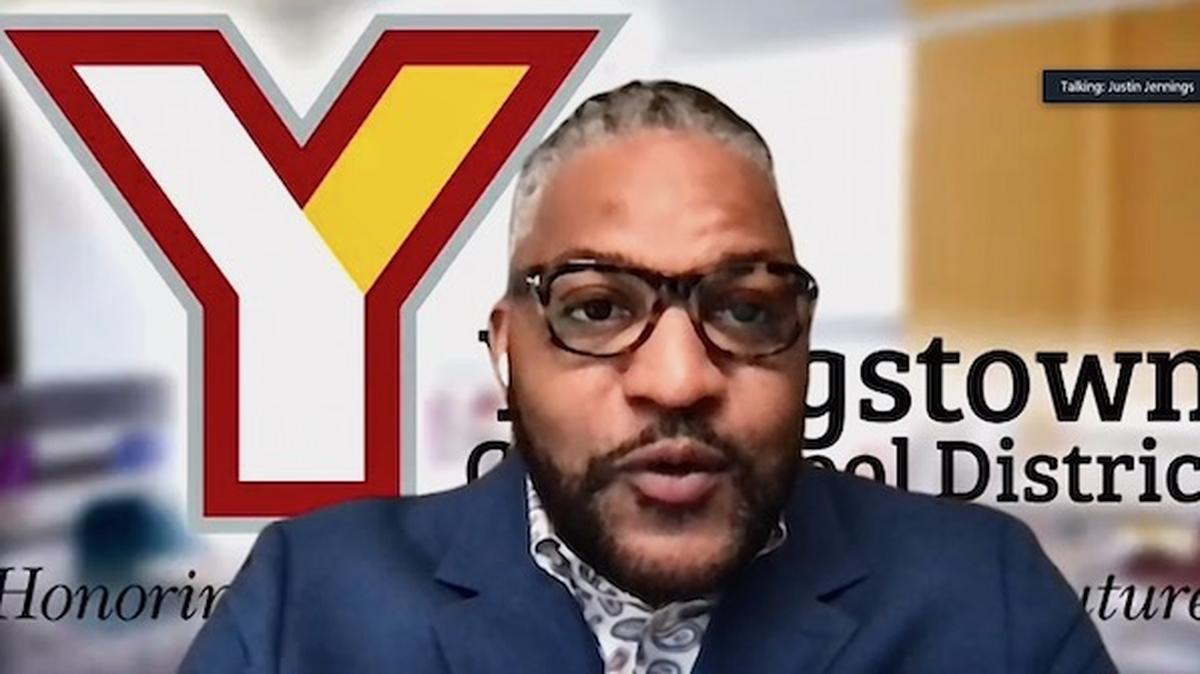 Youngstown City Schools CEO Justin Jenning during his school district update on Tuesday, March 9, 2021. 