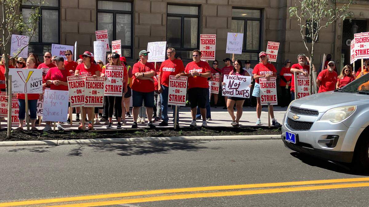 Youngstown Education Association teachers protest during a recent rally in downtown Youngstown.