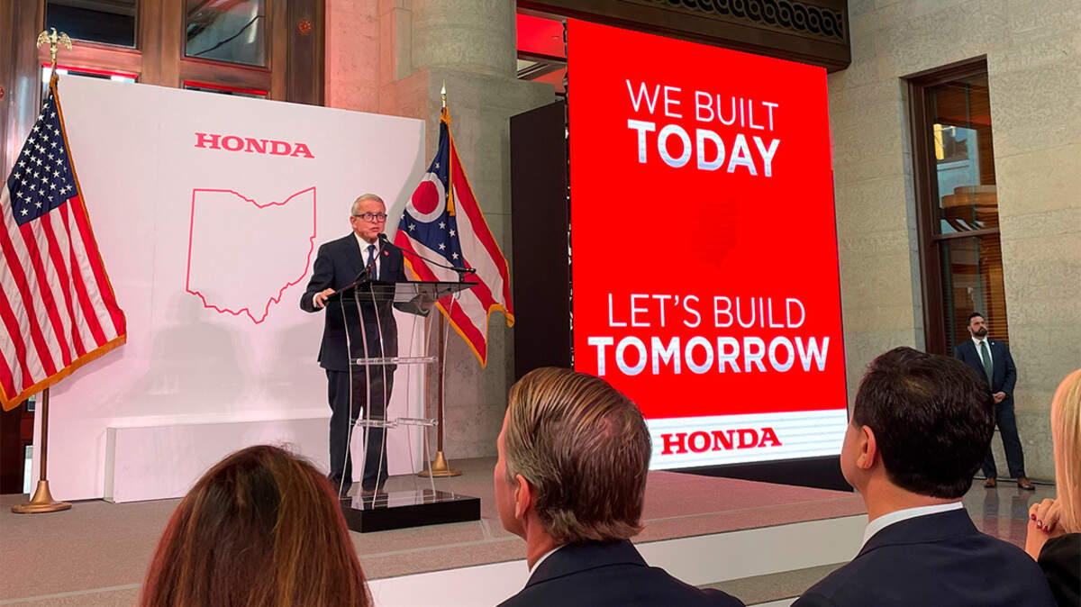 Gov. Mike DeWine speaks during a news conference Tuesday at the Ohio Statehouse in Columbus. Honda officials announced the automaker’s plans for a $3.5 billion joint-venture battery factory and investment of more than $700 million in electric vehicle manufacturing in rural southern Ohio.