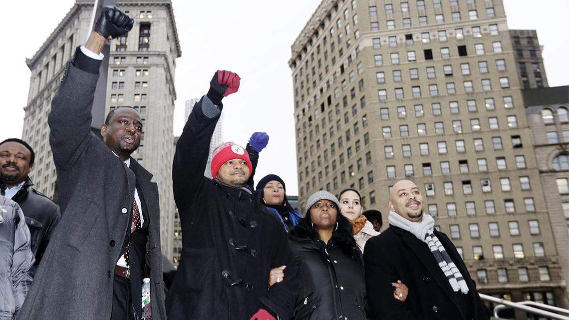 In this Jan. 17, 2012, file photo, Yusef Salaam, left, Kevin Richardson, second from left, and Raymond Santana, right, react to supporters in New York. The three men who were exonerated in the 1989 Central Park jogger case were in court for a hearing in a $250 million federal lawsuit they filed against the city after their sentences were vacated. Salaam, Richardson and Santana, along with Korey Wise and Antron McCray, became known as the Central Park Five. Richardson will be the keynote speaker at a symposium on racial justice, mental health and awareness and suicide prevention Feb. 4 at the Eastwood Event Centre in Niles.