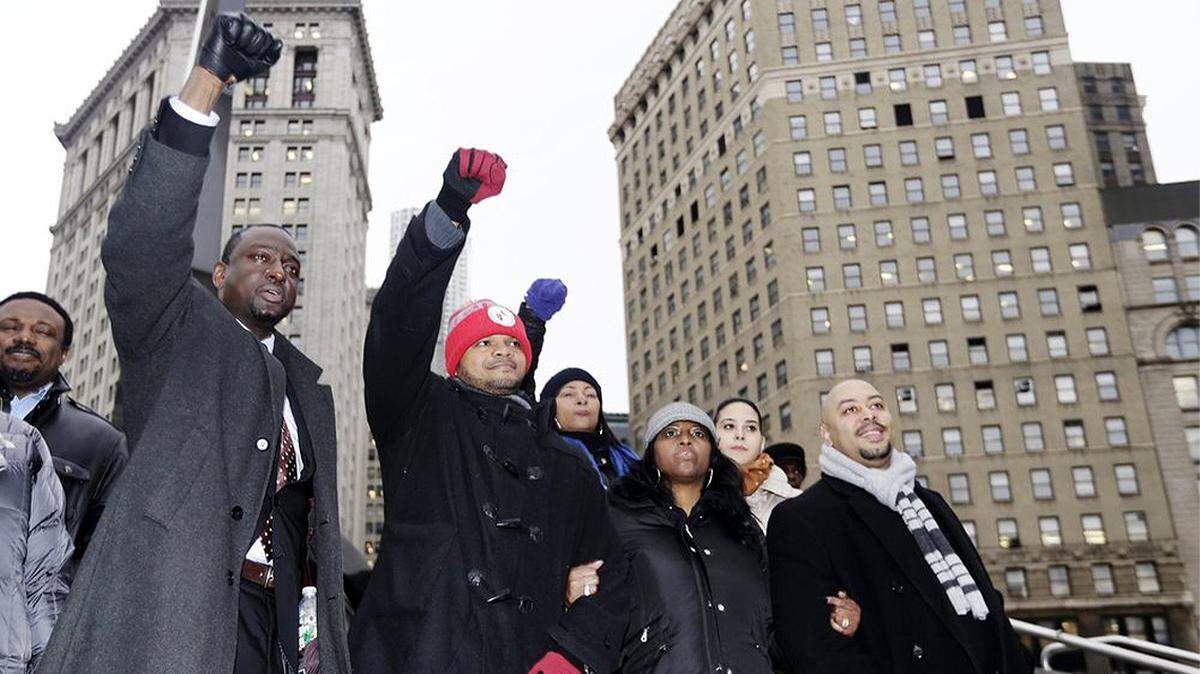 In this Jan. 17, 2012, file photo, Yusef Salaam, left, Kevin Richardson, second from left, and Raymond Santana, right, react to supporters in New York. The three men who were exonerated in the 1989 Central Park jogger case were in court for a hearing in a $250 million federal lawsuit they filed against the city after their sentences were vacated. Salaam, Richardson and Santana, along with Korey Wise and Antron McCray, became known as the Central Park Five. Richardson will be the keynote speaker at a symposium on racial justice, mental health and awareness and suicide prevention Feb. 4 at the Eastwood Event Centre in Niles.