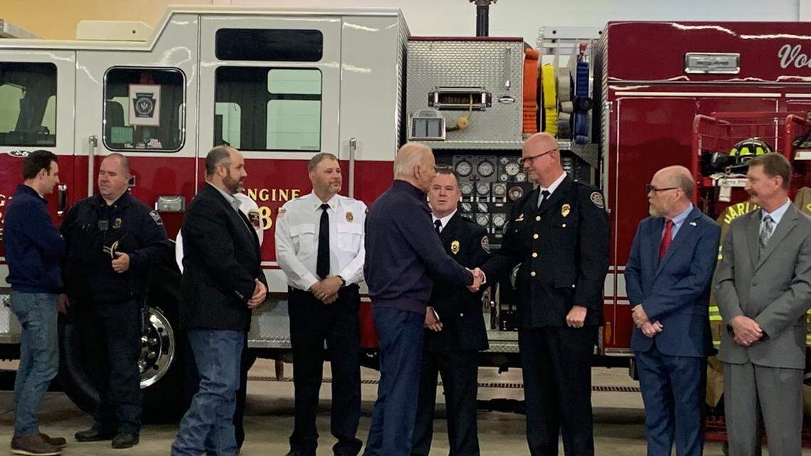 President Biden thanks firefighters at the Darlington Township Fire Department.