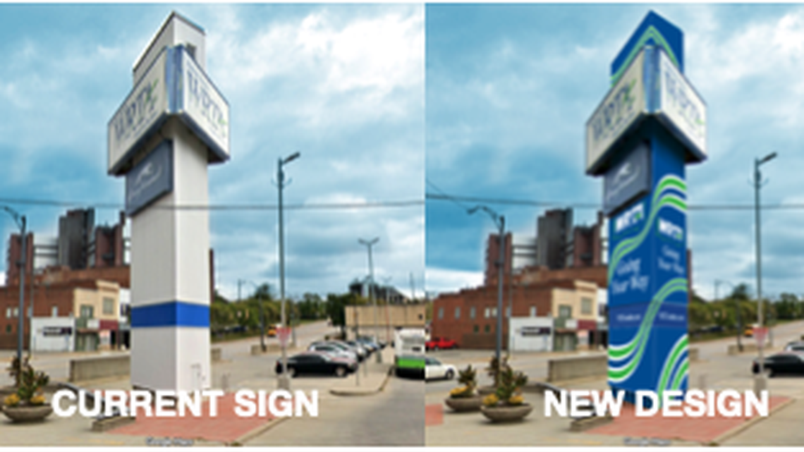 The 52-foot WRTA sign tower at 340 West Federal Street in downtown Youngstown is getting a new mural by Patrick McGlone featuring updated WRTA branding.