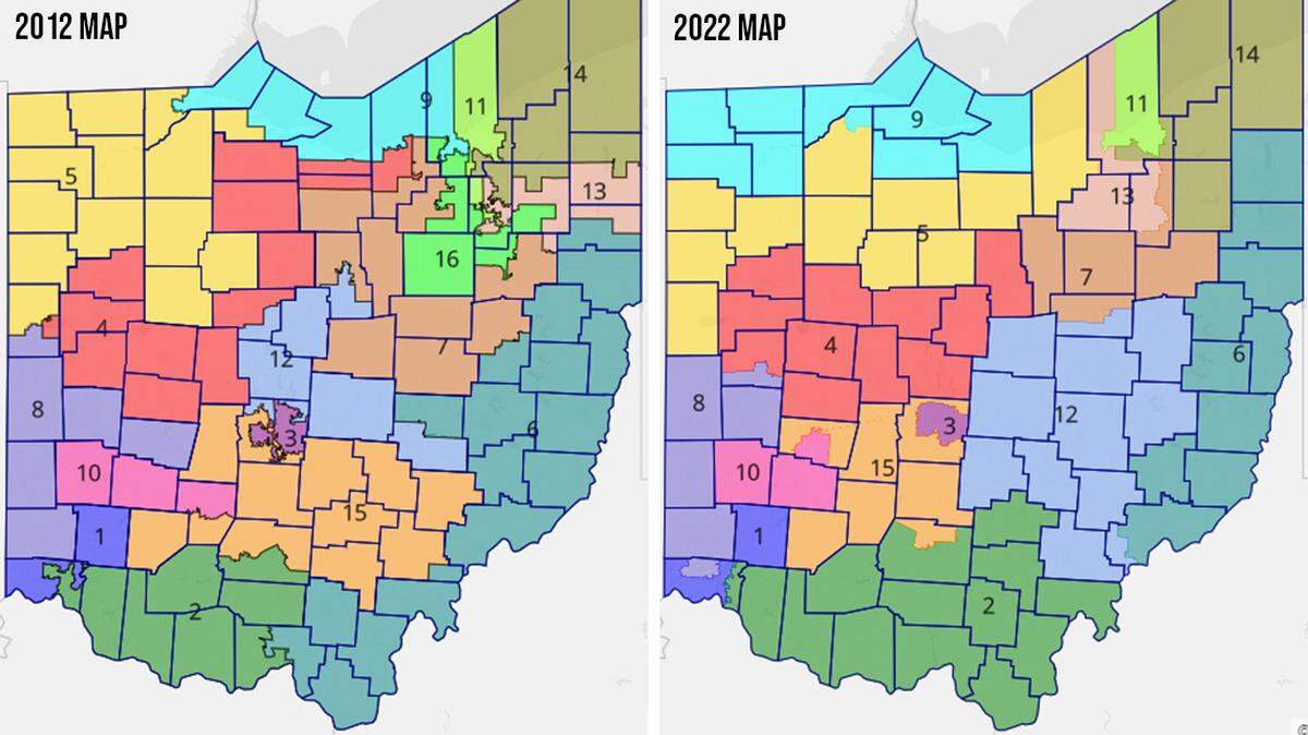 This graphic compares Ohio’s congressional maps as established in 2012 (left) and as approved by the Ohio Redistricting Commission in 2022 (right). The Ohio Supreme Court on Friday, Jan. 14, 2022 ruled the new map unconstitutional, as it violated gerrymandering rules.