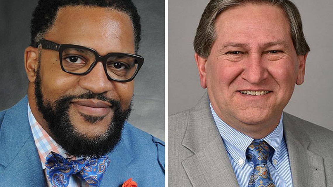 Justin Jennings, Youngstown City School District CEO, left, and Mike Stanko, Mahoning County Career and Technical Center board president.