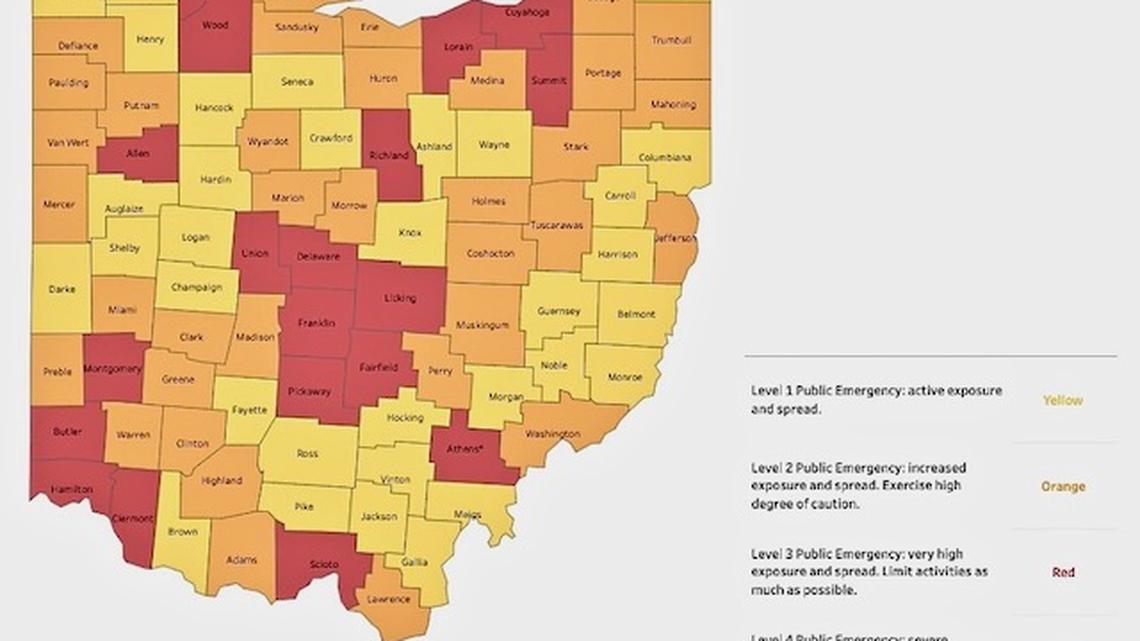 The Ohio Public Health Advisory System map as of Thursday, July 16, 2020.