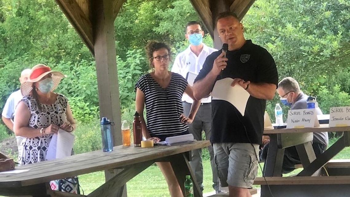 Canfield Police Chief Chuck Colucci discusses "Diversity, Policing and Progress" in Canfield at a community forum Thursday. (Jess Hardin | Mahoning Matters)