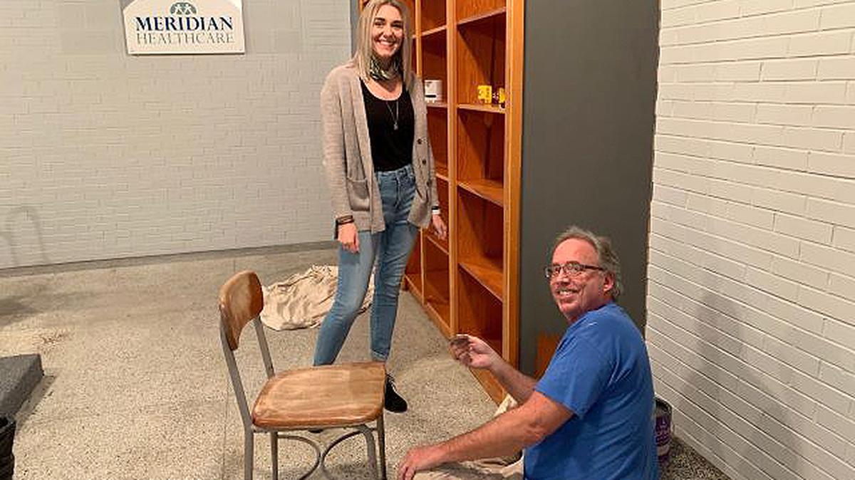 Boardman Center Intermediate School counselor Kendra Baltes and Principal Randy Ebie prepare a new sensory room for equipment to be installed. (Contributed photo)
