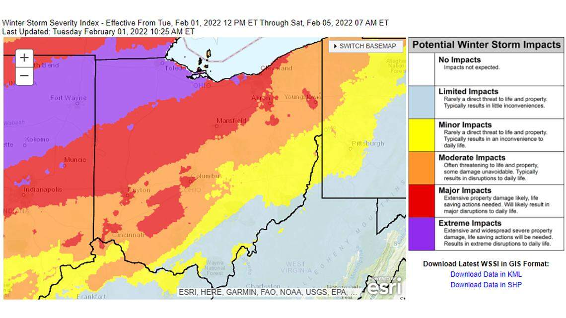 This graphic produced Tuesday, Feb. 1, 2022, shows the projected impact of Winter Storm Landon on Ohio through Saturday, Feb. 5, 2022. Parts of the Mahoning Valley are expected to be moderately or minorly impacted.
