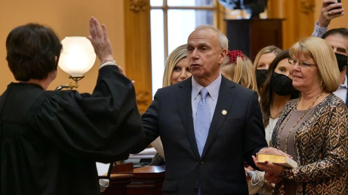 Ohio State Sen. Jerry Cirino, R-Kirtkland, is sworn in as a senator in Columbus, Ohio, on Jan. 4, 2021.