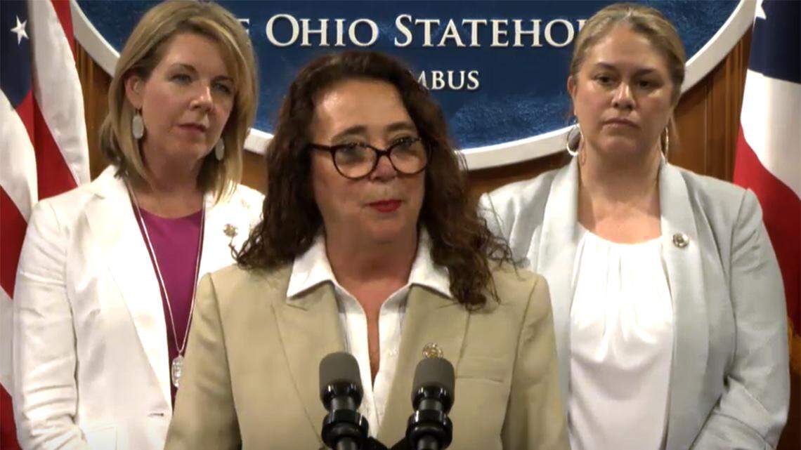 State Rep. Michele Lepore-Hagan of Youngstown, D-58th, speaks to reporters during a media briefing on a proposed constitutional amendment to protect abortion rights in Ohio on Tuesday, May 17, 2022. At left is Ohio House Minority Leader Allison Russo. At right is Democratic state Rep. Monique Smith of Fairview Park.