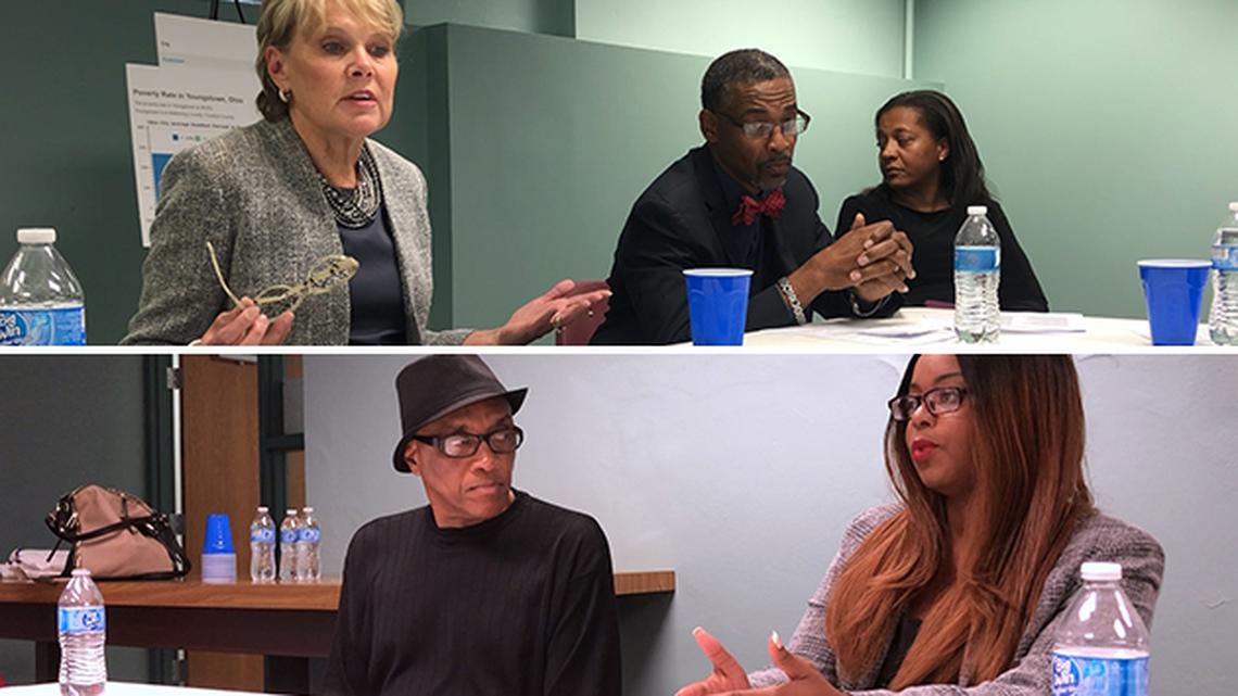 Clockwise, from top left: Mahoning County Juvenile Court Judge Theresa Dellick, Pastor Ken Donaldson of Rising Star Baptist Church in Youngstown, Youngstown Schools board member Corrine Sanderson and Bryn Mawr Block Watch President Phillip Warren participate in Mahoning Matters' first Mahoning Roundtable, designed to foster discussion on local issues between community members.