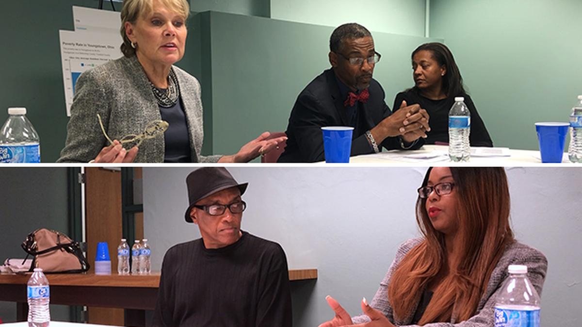 Clockwise, from top left: Mahoning County Juvenile Court Judge Theresa Dellick, Pastor Ken Donaldson of Rising Star Baptist Church in Youngstown, Youngstown Schools board member Corrine Sanderson and Bryn Mawr Block Watch President Phillip Warren participate in Mahoning Matters' first Mahoning Roundtable, designed to foster discussion on local issues between community members.