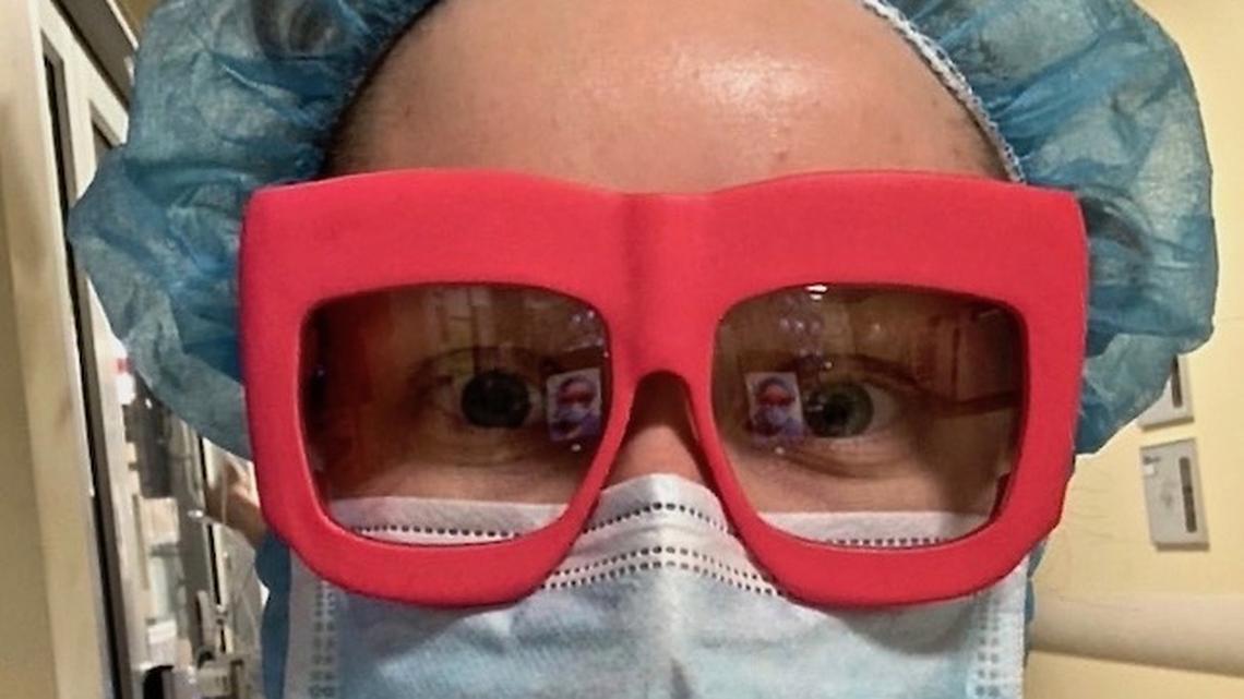 Meagan Mullany, a nurse in New York City, is outfitted with Fitz Protect, a line of custom 3D-printed protective eyewear designed to fit around the contours of the wearer’s face and provide protection against small droplets from reaching the eyes. (Photo provided)
