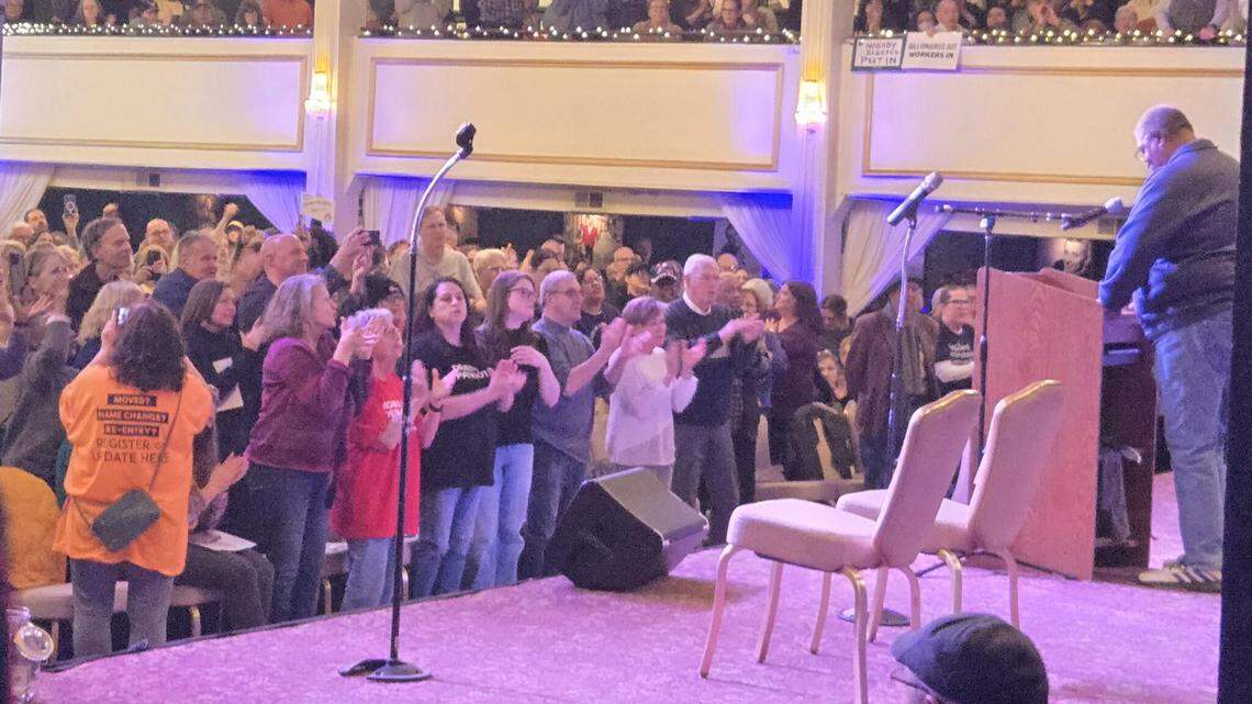 Fired-up crowd jeers Ohio senators, representative for not standing up to Trump and Musk. 