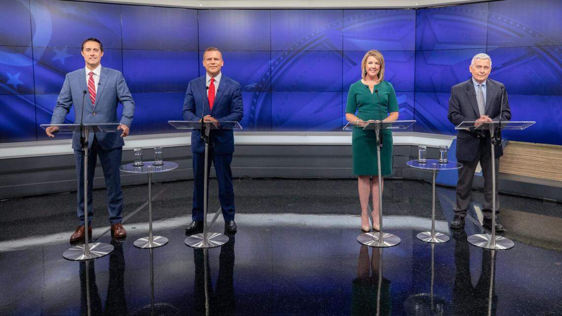 From left, Secretary of State Frank LaRose, Ohio Right to Life President Mike Gonidakis, Ohio House Minority Leader Allison Russo, former Columbus Dispatch editor and Democratic state Representative Mike Curtin just before Tuesday’s Issue 1 debate.
