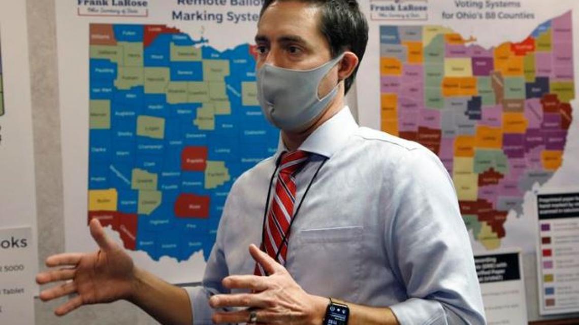 Ohio Secretary of State Frank LaRose interacts with staff members as they follow the election from Ohio's election command center in Columbus on Nov. 3, 2020. (Jay LaPrete | AP)