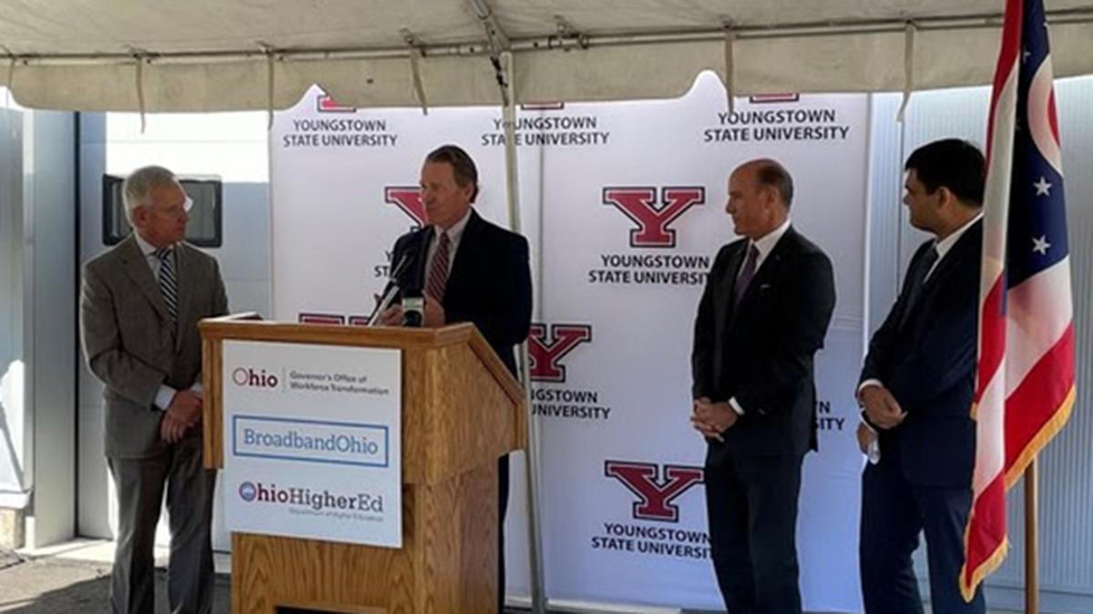 Lt. Gov. Jon Husted (center) delivers an address on the state's new Broadband and 5G Sector Partnership Grant as well as new telecommunications workforce readiness programs at Youngstown State University on Monday, Oct. 18, 2021. 
