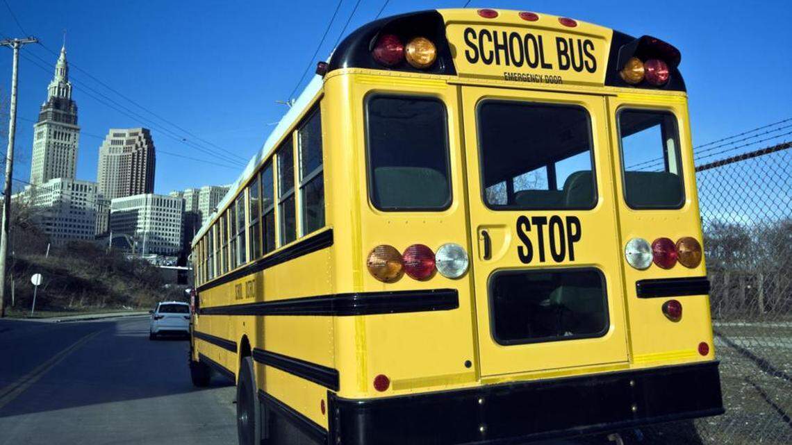 A school bus in downtown Cleveland.