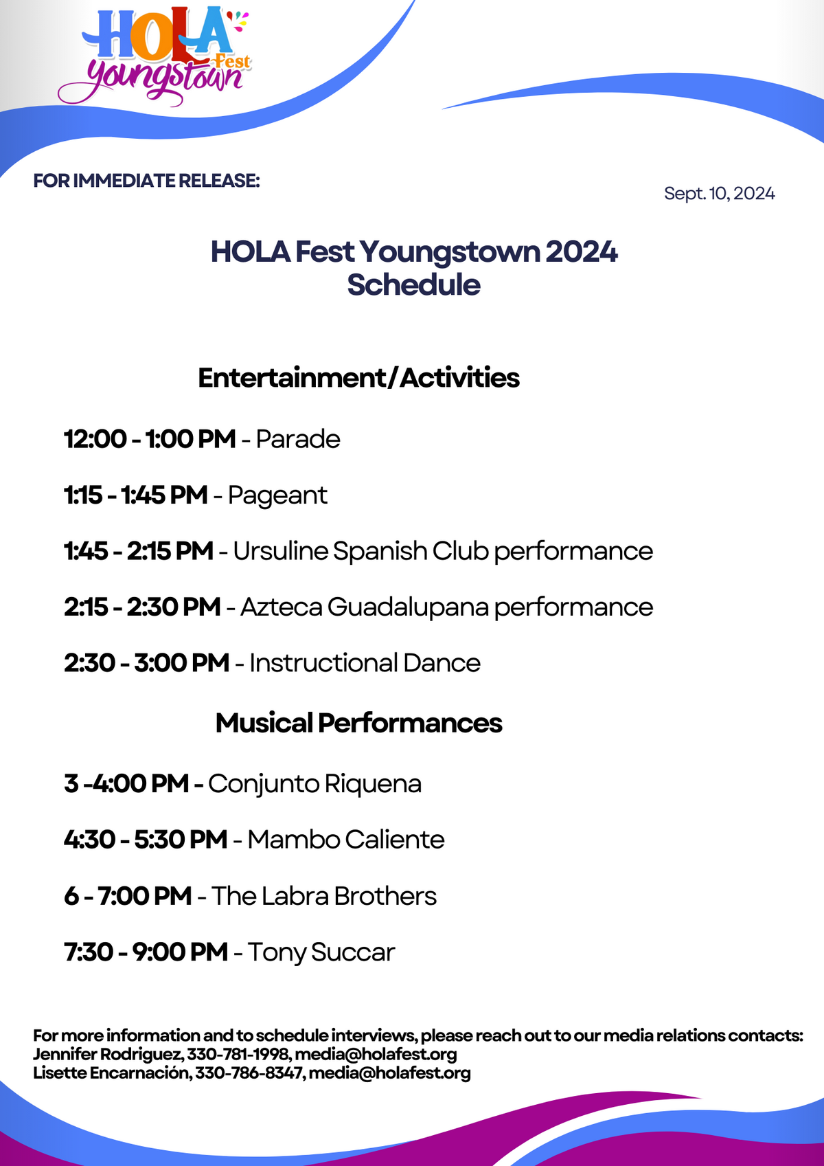 Here’s the full schedule of music and entertainment all happening at Wean Park for Hola Fest Youngstown, including local legends, the Labra Brothers and two-time Grammy award winner Tony Succar.