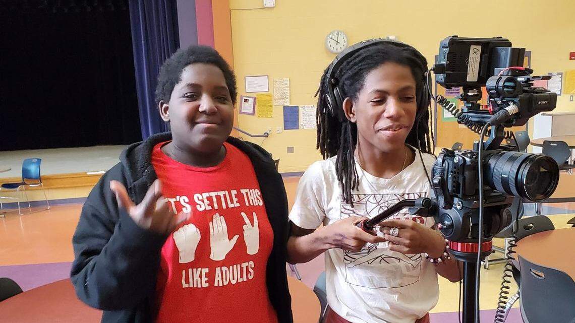 Two Chaney Middle School students producing a short film for Friends4Friends Film Festival with OK Inc.