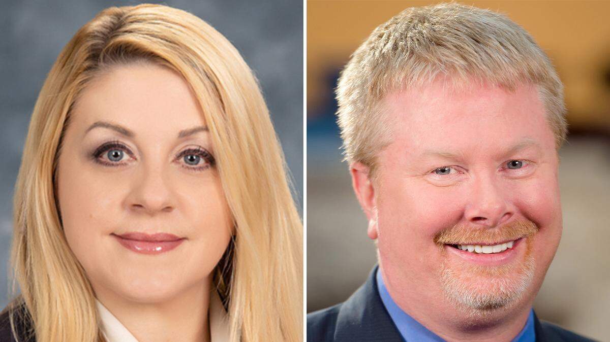 From left are Trumbull County Common Pleas Court judge nominees Dawn Cantalamessa and Sean O’Brien.