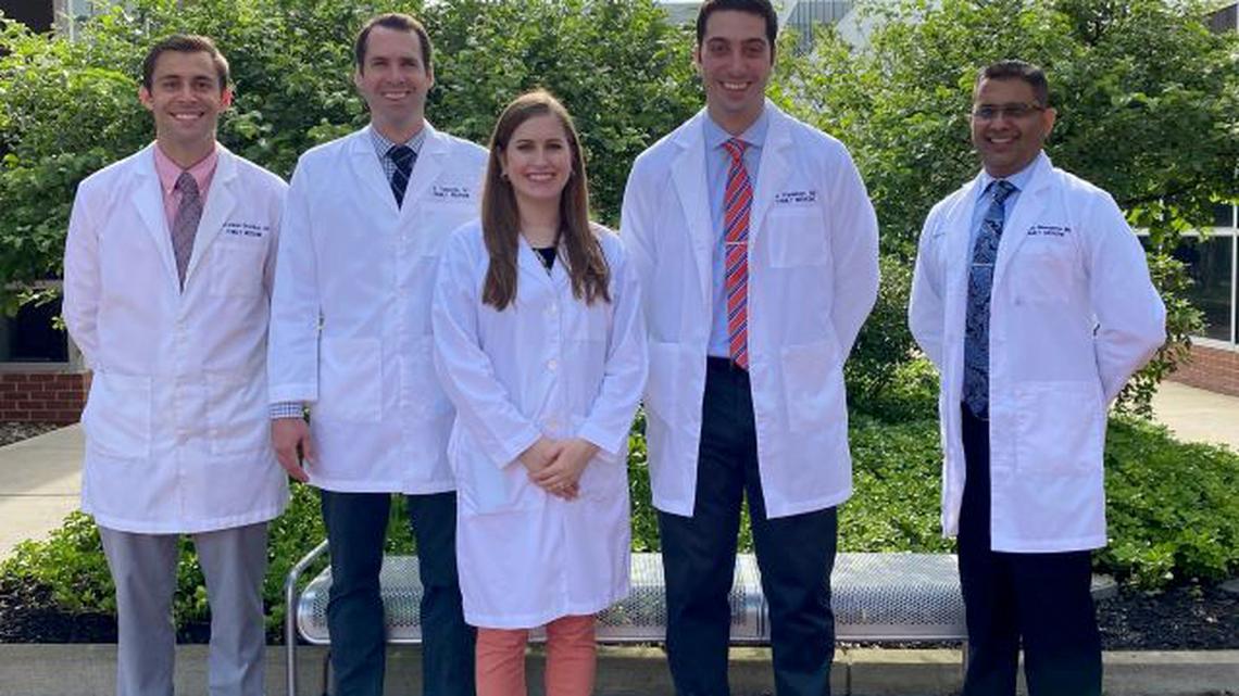 From left, Dr. Benjamin Brocker, Dr. Stephen Teneyck, Dr. Brittany Bobovnyik,
Dr. Stephen Predebon and Dr. Dhurba Dhungana graduated from the St. Elizabeth Boardman Family Medicine Residency program.
