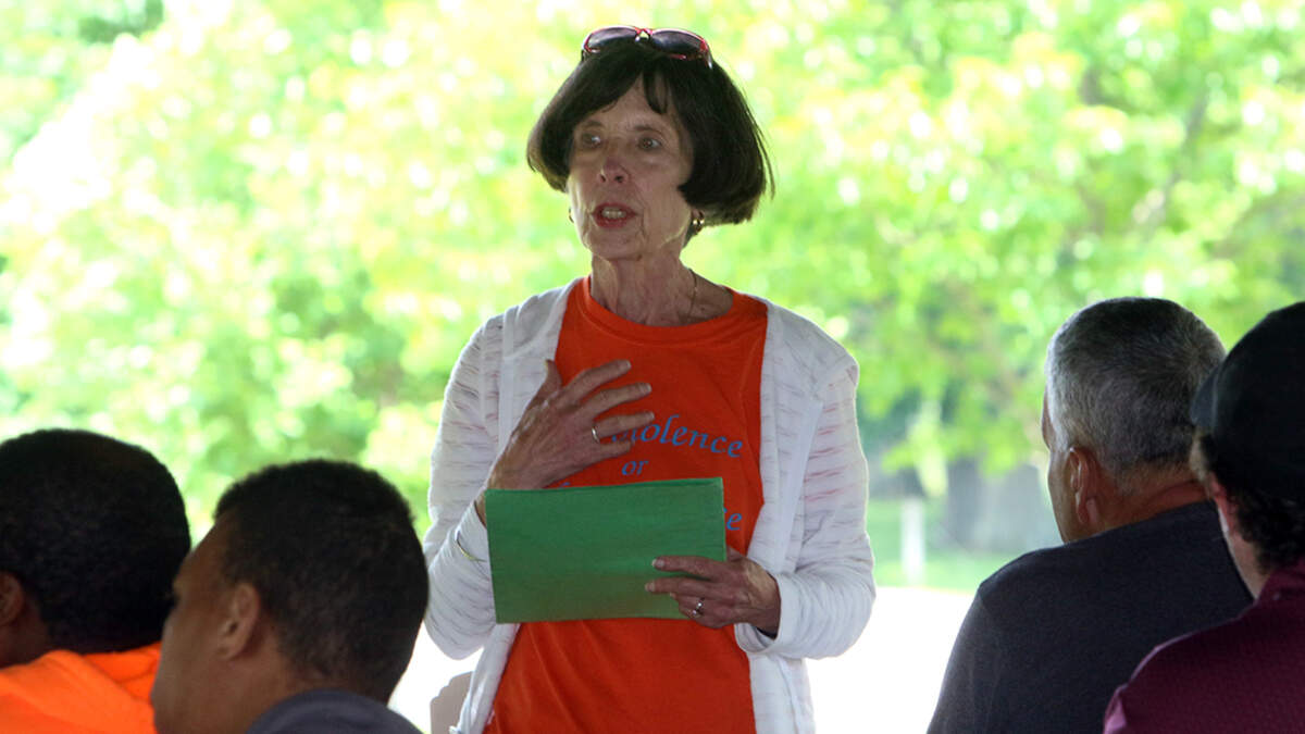 Penny Wells, executive director of Mahoning Valley Sojourn to the Past, speaks during the “Teach the Truth” rally at Salem’s Waterworth Memorial Park on Saturday, June 11, 2022.