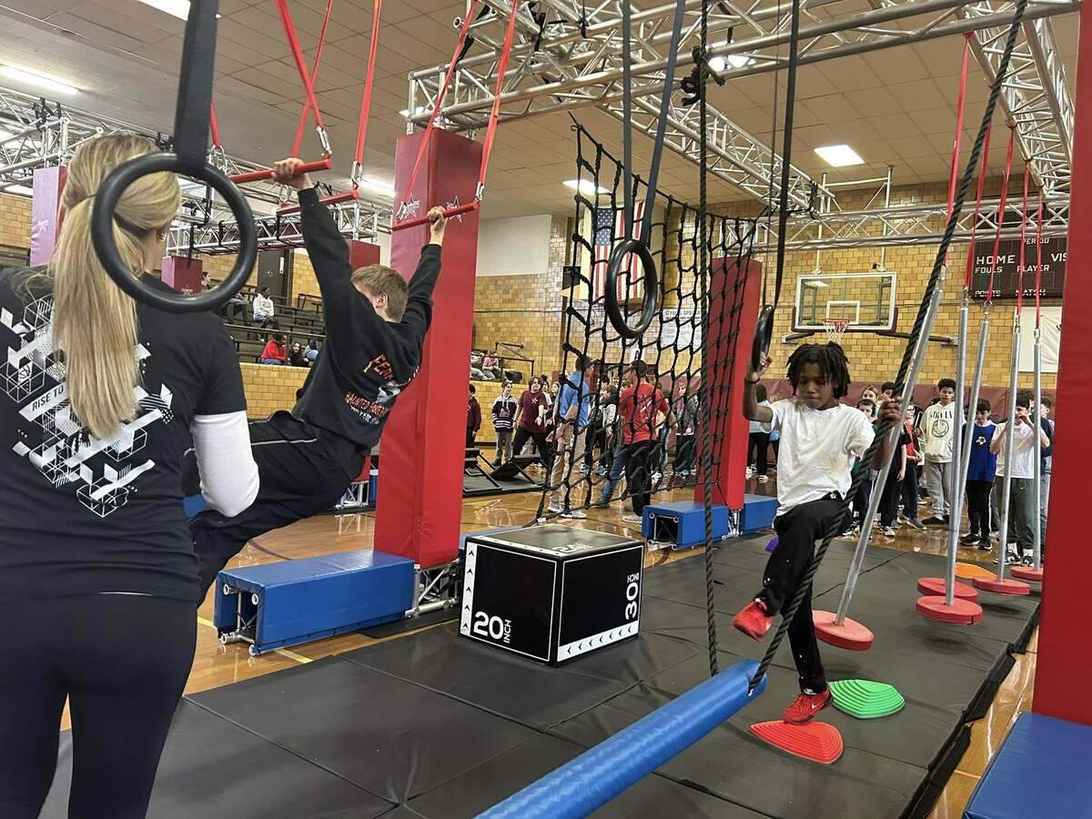 Boardman students test out Ninja Nation mobile obstacle course, a new business set to open this spring.