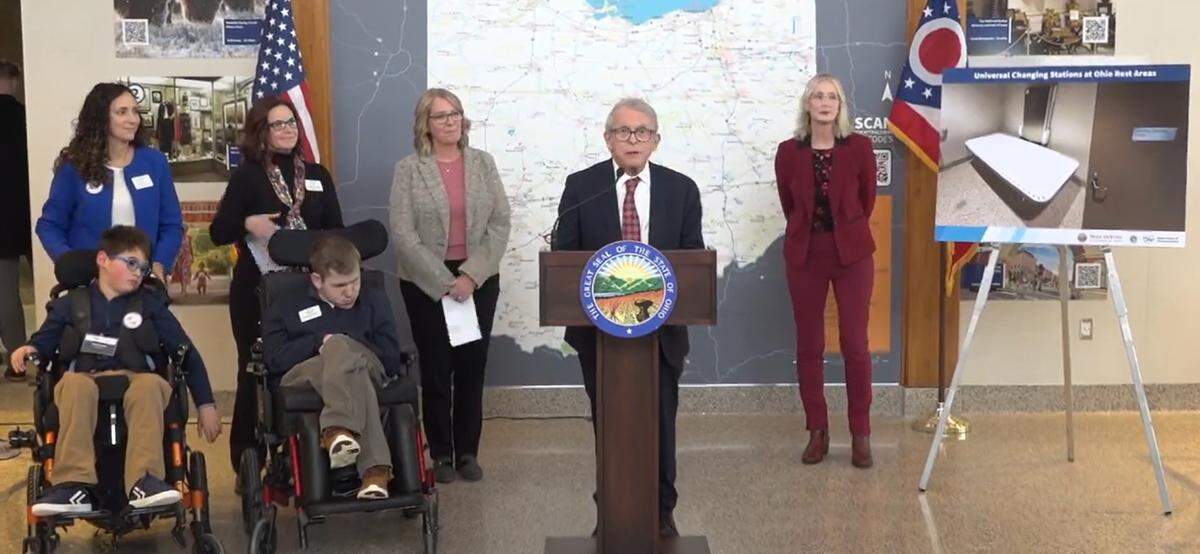 Gov. Mike DeWine joined representatives from the Ohio Department of Transportation, Ohio Department of Disabilities and an organization called Changing Spaces Ohio at a rest stop in Fayette County.