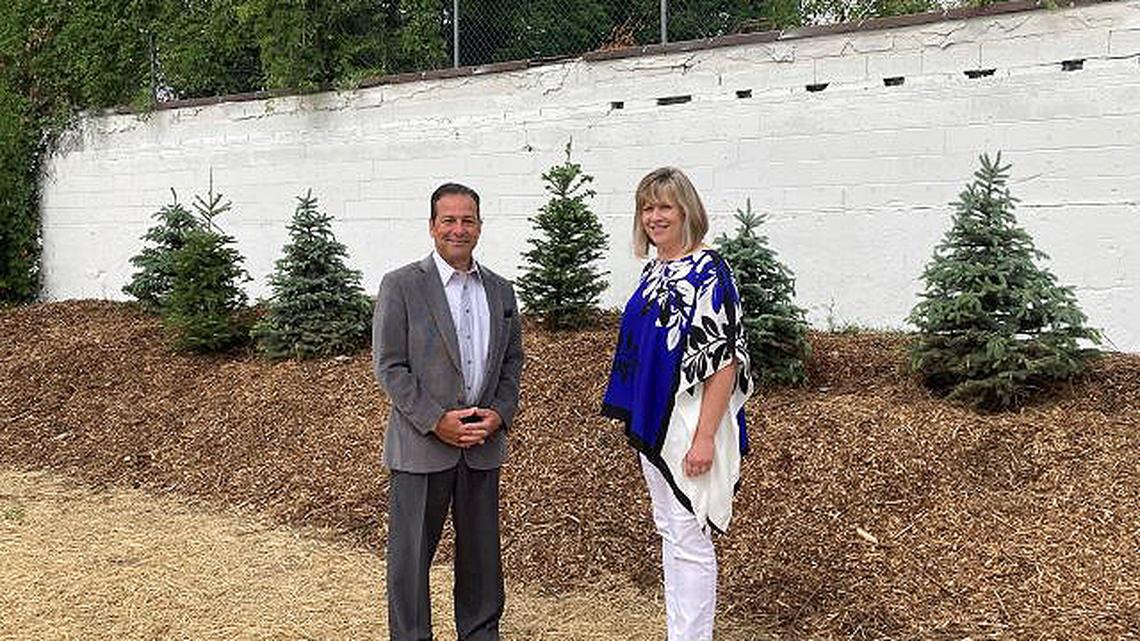 Mahoning County Treasurer Dan Yemma and Mahoning County Land Bank Executive Director Debora Flora recently checked out progress at a land bank-owned property at Mahoning and South Portland avenues on Youngstown’s West Side. The land bank, along with the city of Youngstown and Youngstown Neighborhood Development Corporation, are repurposing the commercial property for pop-up farmers markets and other outdoor events. (Contributed photo)