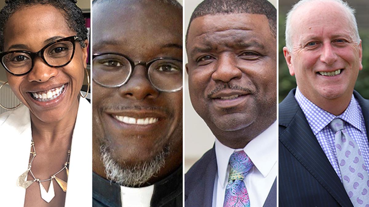 From left: Jennifer Roller, Raymond John Wean Foundation president; Rev. Lewis Macklin, Holy Trinity Missionary Baptist Church pastor; Youngstown Mayor Jamael Tito Brown; and Bob Hannon, United Way of Youngstown and the Mahoning Valley president