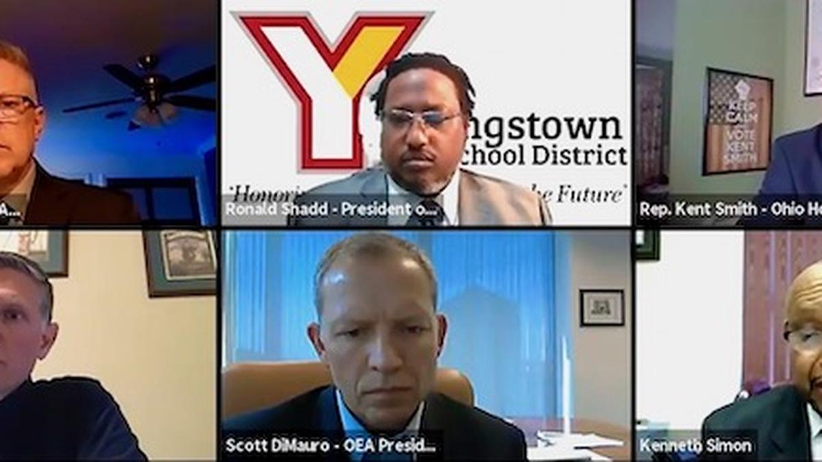 Representatives of East Cleveland, Lorain and Youngstown School Districts discussed ending state takeovers in a virtual town hall on Monday. In clockwise order: Lorain Academic Distress Commission Member Steve Cawthon; Youngstown City Schools School Board President Ronald Shadd; state Rep. Kent Smith (D-8); The Rev. Kenneth Smith; Ohio Education Association President Scott DiMauro; and state Rep. Joe Miller (D-56).


