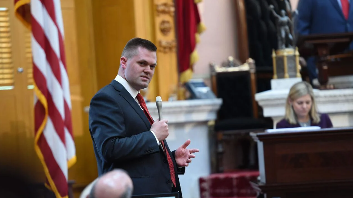 Ohio State Rep. Brett Hillyer, R-Uhrichsville, speaks on the House floor at the Ohio Capitol in Columbus, Ohio.