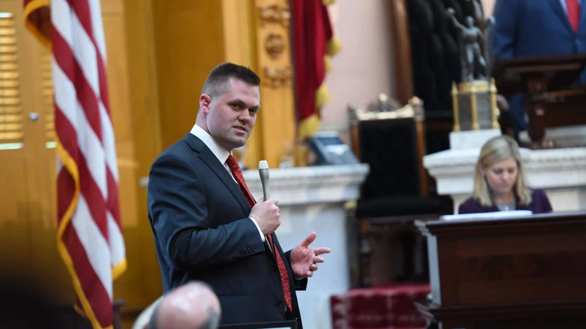 Ohio State Rep. Brett Hillyer, R-Uhrichsville, speaks on the House floor at the Ohio Capitol in Columbus, Ohio.